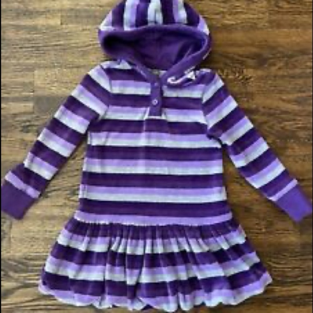 5/$25 Baby Gap Velour Hooded Sweater Dress | Purple Gray Striped | Soft Warm